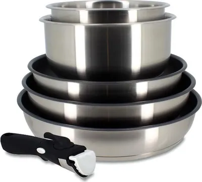 Image de Batterie de Cuisine Induction MENASTYL, Inox, 6 Pièces, Poignée Amovible, Gris, 3 Poêles 22 24 26 cm, 2 Casseroles 16 18 cm