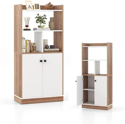 Immagine prodotto di Libreria in legno KOMFOTTEU con ante, mobile da salotto a colonna con 2 ripiani aperti, scaffale 60x30x140 cm, bianco e naturale