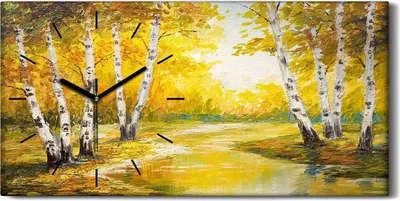 Produktbild von Leinwand Wanduhr Wandkunst Uhr Geräuschlos Kunstdruck 60x30 Ölgemälde Wald Bäume - schwarze Hände
