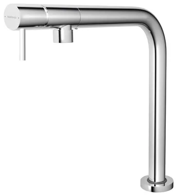 A chrome kitchen faucet on a white background.