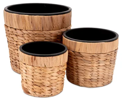 Produktbild von 3er Set runder Blumentopf aus geflochtenem Seegras mit Kunststoffeinsatz - Pflanztopf - 16cm + 20cm + 26cm