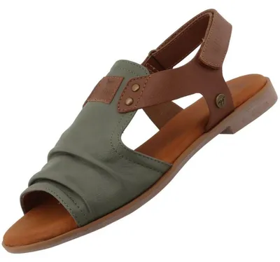 Auf dem Bild ist eine grüne Sandale abgebildet die von der Seite betrachtet wird. Die Sandale hat ein schlichtes Design mit einem breiten Riemen und einer komfortablen Sohle.