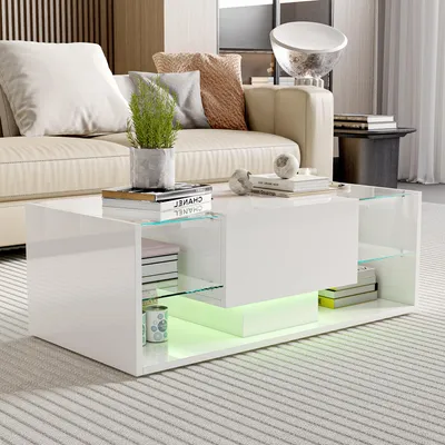 Produktbild von Schwebender LED-Couchtisch, weiß, Tischplatte aus gehärtetem Glas, LED-Beleuchtung per App und Fernbedienung steuerbar