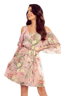 Produktbild von Numoco Chiffonkleid Marina Minikleid Sommerkleid Cocktail Partykleid, Pastellrosa mit Blumen, Gr. L