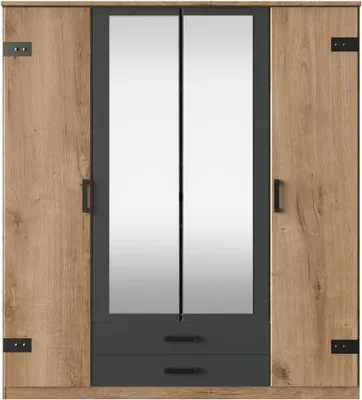 A four-door wardrobe with mirrored doors and two drawers at the bottom.