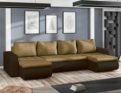 Produktbild von Easy4You Brooklyn Braun + Kunstleder Ecksofa U-Form 315 cm mit Schlaffunktion und Stauraum - Schlafsofa mit Bettkasten - Moderne Wohnzimmermöbel – Stoff: Lux02/Soft23