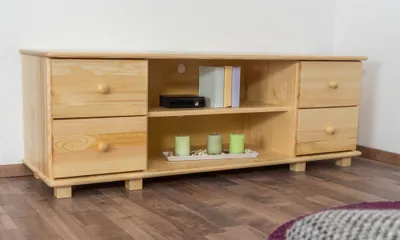 Produktbild von TV Schrank Kiefer massiv, 156x55x47 cm, 2 offene Fächer, 4 Schubladen, 2 Kabeldurchführungen