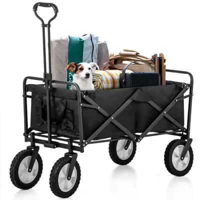 A black folding wagon filled with various items, including a small dog, blankets, and bags, on a white background.