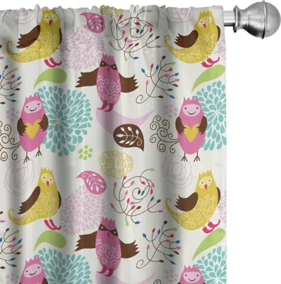 Obrázek produktu pro ABAKUHAUS Záclony do školky, záclony, veselé kreslené motivy s abstraktními ptáky Fantastická květinová kompozice Barevný obrázek, 2 kusy 75 x 225 cm, vícebarevné