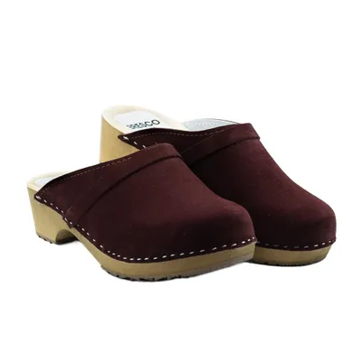 Immagine prodotto di Sandali in legno da donna, color bordeaux, in velluto, con cinturini – Comode ciabatte in legno con tacco basso, taglia 42