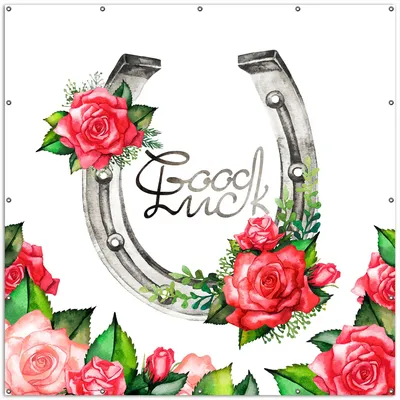 Produktbild von Wallario XXL Outdoor-Poster für Garten oder Balkon, Motiv Viel Glück  Hufeisen mit roten Rosen, in ca. 200 x 200 cm