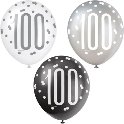 Produktbild von 6 Luftballons schwarz & silber Zahl 100