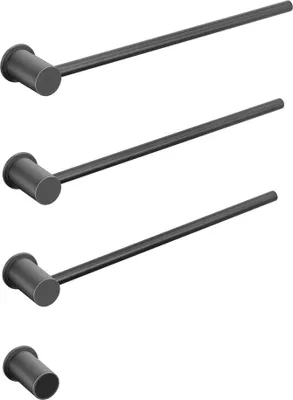 Four black towel rails of varying lengths are arranged diagonally on a white background.