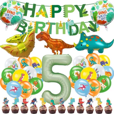 Produktbild von Dinosaurier Geburtstag Dekoration Set, Luftballons, Banner, Cupcake Topper, für Kindergeburtstag