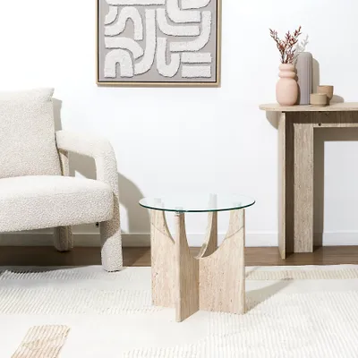 Image de Table d'appoint - HOME DECO FACTORY - Pietra - Ronde - Verre - Blanc et Beige