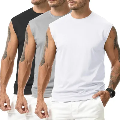 Produktbild von Set mit 3 ärmellosen Herren-Sporthemden aus Polyester für Training und Fitness