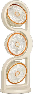 Image de Ventilateur portable triple, 5 vitesses, rechargeable par USB, rotation à 360°, batterie 1200 mAh, idéal pour le bureau et l'extérieur, couleur beige