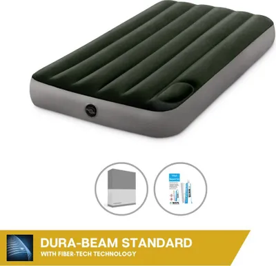 Produktbild von Intex Luftbett - 1 Person - 99 x 191 x 25 cm - Grün - Mit eingebauter Fußpumpe + Spannbettlaken Anthrazit + Reperaturset