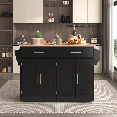 A black kitchen island with a wooden countertop is shown in a kitchen setting.