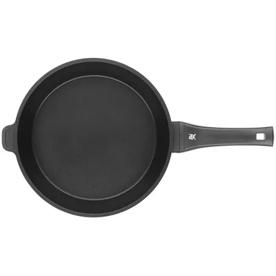 A top-down view of a black frying pan with a handle.
