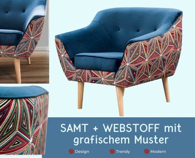 GUTTO Fotel niebieski z grafiką Fotel relaksacyjny MUSTI Fotel TV z welurowego aksamitu BLUE wzór graficzny Fotel skandynawski tapicerowany