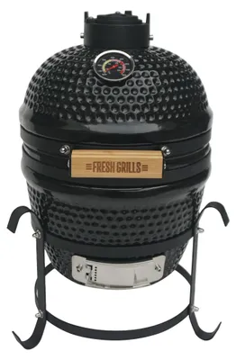 Image de Barbecue Kamado 34 cm : mini-barbecue et fumoir portable en céramique à charbon de bois avec support en acier, noir. Barbecue de jardin portable, fumoir, cuisson au four et grillades, 10–400 °C, thermomètre, kit d'accessoires, housse de protection