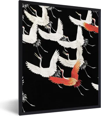 Produktbild von MuchoWow® Gerahmtes Poster Kranich - Weiß - Rot - Japan 30x40 cm - Poster mit Schwarzem Bilderrahmen Wandposter Rahmen Foto Bilder - Wanddeko - Kunstdrucke