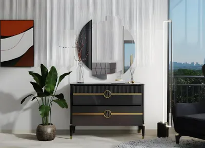 Image de Ensemble commode avec miroir Armoire Armoire en bois Grise Commode de maquillage