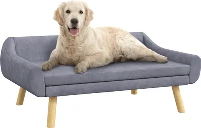 A golden retriever dog lying on a gray pet sofa with wooden legs.