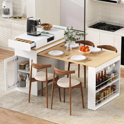 Obrázok produktu pre Kuchynský ostrov na kolieskach, výsuvný jedálenský stôl, barový stôl so zásuvkami, háčikmi, 46–146,5 x 83 x 96 cm, biela farba