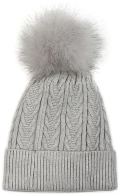 Produktbild von styleBREAKER Damen Feinstrick Bommelmütze mit Zopfmuster, Kunstfell Bommel Mütze, gefütterte Winter Strickmütze 04024100