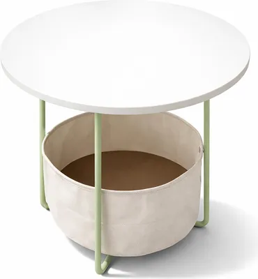 Obrázok produktu pre Relaxdays odkladací stolík, okrúhly konferenčný stolík, s látkovým košom, HD 50x45 cm, konferenčný stolík do obývačky, MDF, kov, šalviovo-krémová