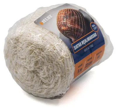 A roll of white meat netting is shown, wrapped in clear plastic packaging, with a label attached.