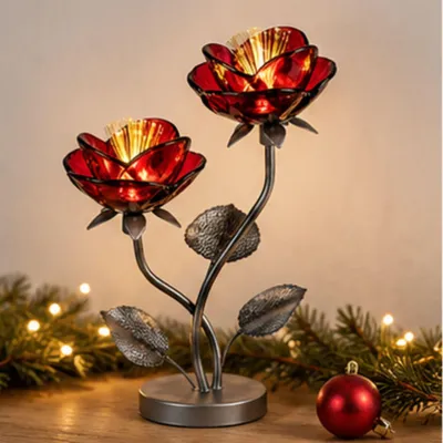 Produktbild von LED Lampe Blume mit 2 Blüten H. 33cm rot silber aus Glas und Metall Formano