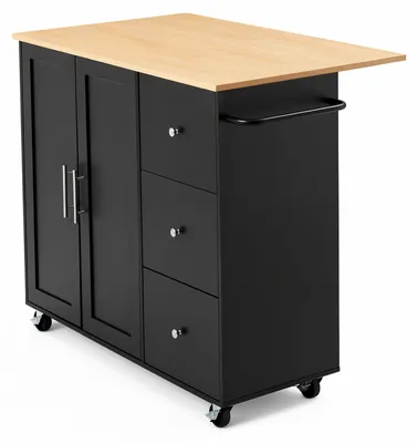 Image de Charriot d'îlot de cuisine SucceBuy avec 3 tiroirs et 2 portes, chariot de cuisine mobile avec porte-serviettes et plan de travail escamotable (1000 x 395 x 15 mm), idéal pour la salle à manger, la cuisine et comme chariot de service, de couleur noire