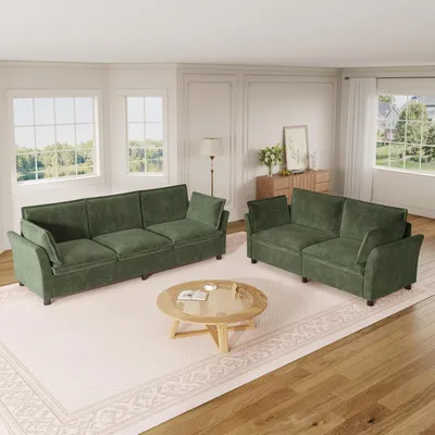 Produktbild von MODFU Modulares Big Sofa,5-Sitzer Ecksofas,Sitzgruppe mit Dreisitzer und Zweisitzer,Armlehnen mit 2 Kissen,Wohnzimmer-Sofakombination,Chenille,Grün