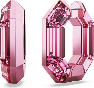 Two pink crystal earrings are shown against a white background.