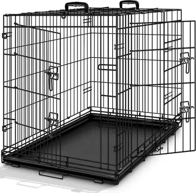 Produktbild von Hundekäfig faltbar mit 2 Türen | Transportkäfig Auto | Hundebox mit Bodenschale | Transportbox Drahtkäfig (L 91 x B 58 x H 64 cm)
