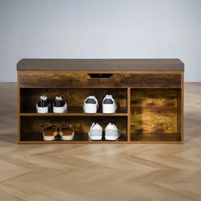 Produktbild von Schuhbank BAIA mit aufklappbarer Sitzfläche Vintage/Schwarz - Sitzbank gepolstert mit 3 Regalfächer, Schuhaufbewahrung, Flurbank mit Stauraum