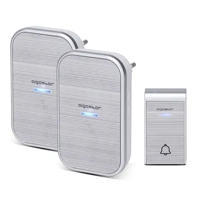Produktbild von Aigostar Ding AC Kabellose Türklingel mit LED-Anzeigen, wasserdicht, 36 Melodien, 3 Lautstärkenstufen, Klingel für ältere Menschen, Zuhause, Büro (2Empfänger und 1 Sender) – Silber