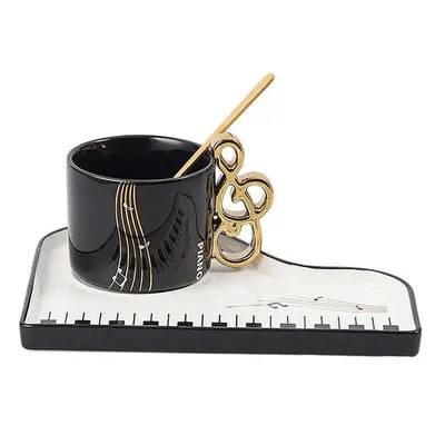 Produktbild von Kreative Espressotasse mit Untertasse & Löffel – 200 ml, Musiknoten-Design, aus Keramik, Geschenkset in Schwarz