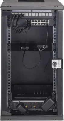 Produktbild von Digitus Netzwerk-Set SOHO Pro, 254 mm (10") - 12HE, 315 x 300 mm (B x T), Wandmontiertes Regal, 12U, 60 kg, Sperrschloss, Ablageschienen, Verbessertes Kabelmanagement