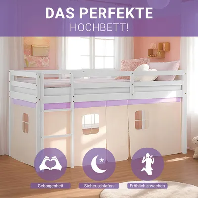 Produktbild von Homestyle4u Hochbett 90x200 Vorhang lila peach Kinderbett Weiß Holz Kiefer Massiv Stockbett