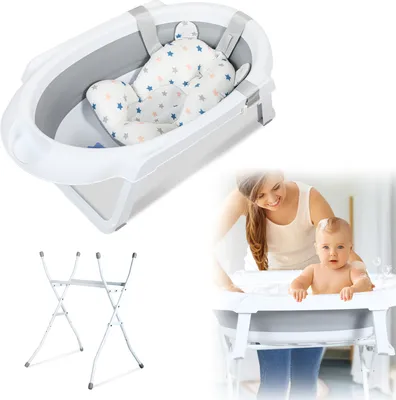 Obrázok produktu pre Aopunly detská vanička s rámom s nosnosťou 10 kg - Skladacia detská vanička s vankúšom do vane, sivá