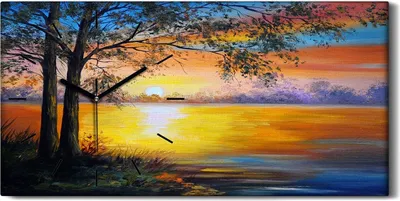 Produktbild von Leinwand Uhr Küche Wohnzimmer Bild Kunstdruck 60x30 Gemälde Fluss Bäume Himmel - schwarze Hände