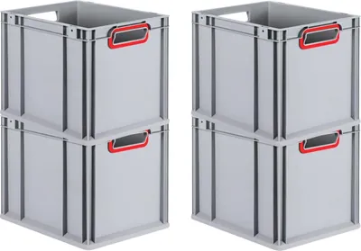 Produktbild von SuperSparSet 4x Eurobox NextGen Color | HxBxT 32x30x40cm | 30 Liter | Griffe rot offen | Glatter Boden | Grau | Eurobehälter, Transportbox, Transportbehälter, Stapelbehälter