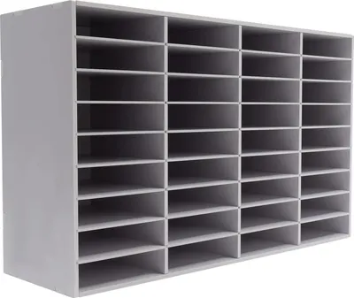 Zdjęcie produktu dla Sortownik na literaturę i pocztę - Półka z przegródkami - 36 przegródek - PVC i filc - Grubość ramy 10 mm - Przegrody 5 mm - Wymagany montaż - Jasnoszary
