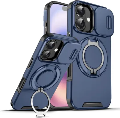 Immagine prodotto di Custodia a doppio strato per iPhone 17, con copertura scorrevole della fotocamera e supporto magnetico ad anello Blu