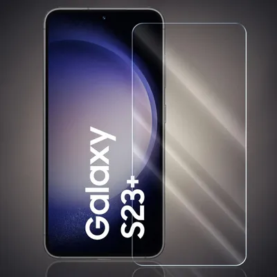 A transparent screen protector is shown next to a smartphone displaying the 'Galaxy S23+' logo.