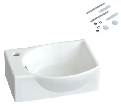 Produktbild von Hängewaschbecken weiß eckig-oval aus Keramik, 40,5x28x12 cm, mit Hahnloch links und Überlauf – für Kleinbad und Gäste-WC – Mini-Waschbecken
